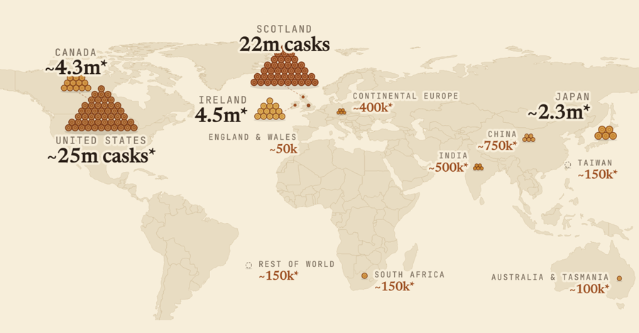 World map of maturing whiskey by country