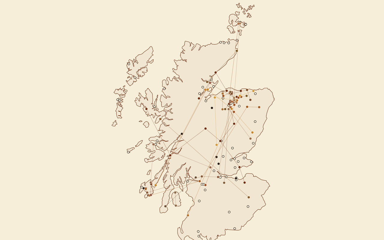 Map of Scotland's whisky distilleries coloured by owning group